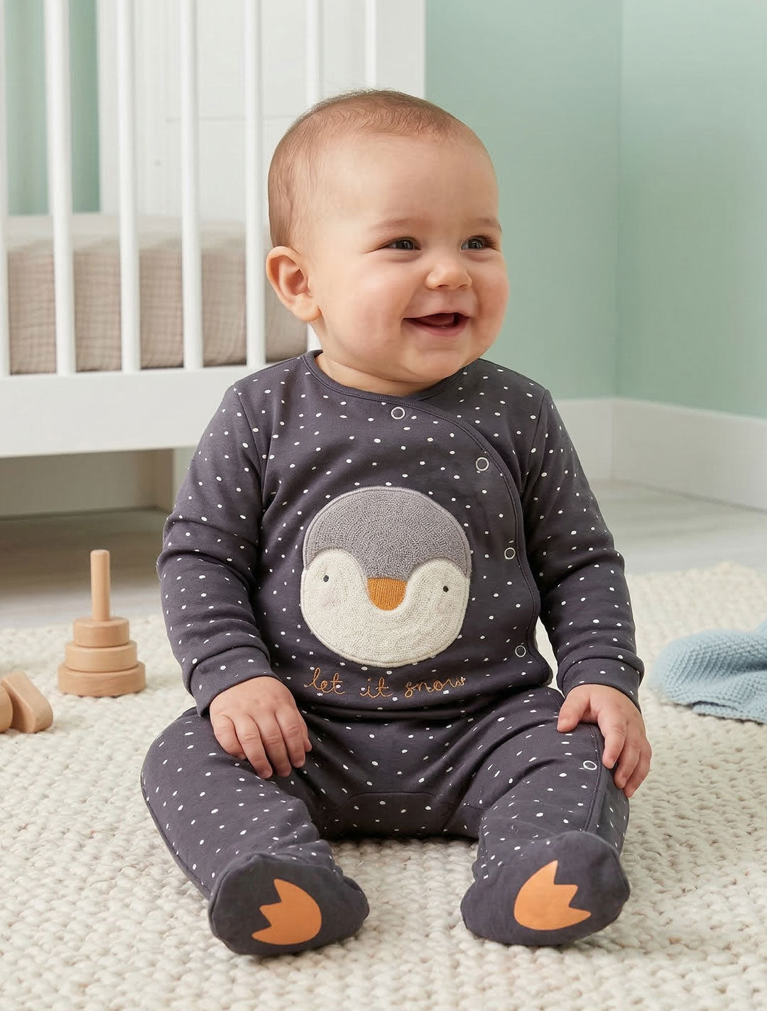 GREY PENGUIN BUTTON SLEEPSUIT