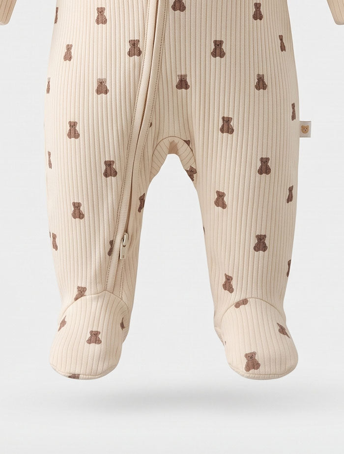 Beige ribbed brown bear ribbed sleepsuit