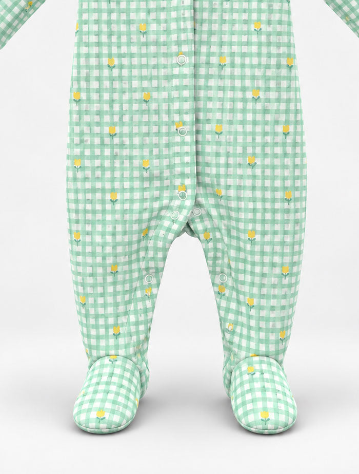 Green check floral sleep suit