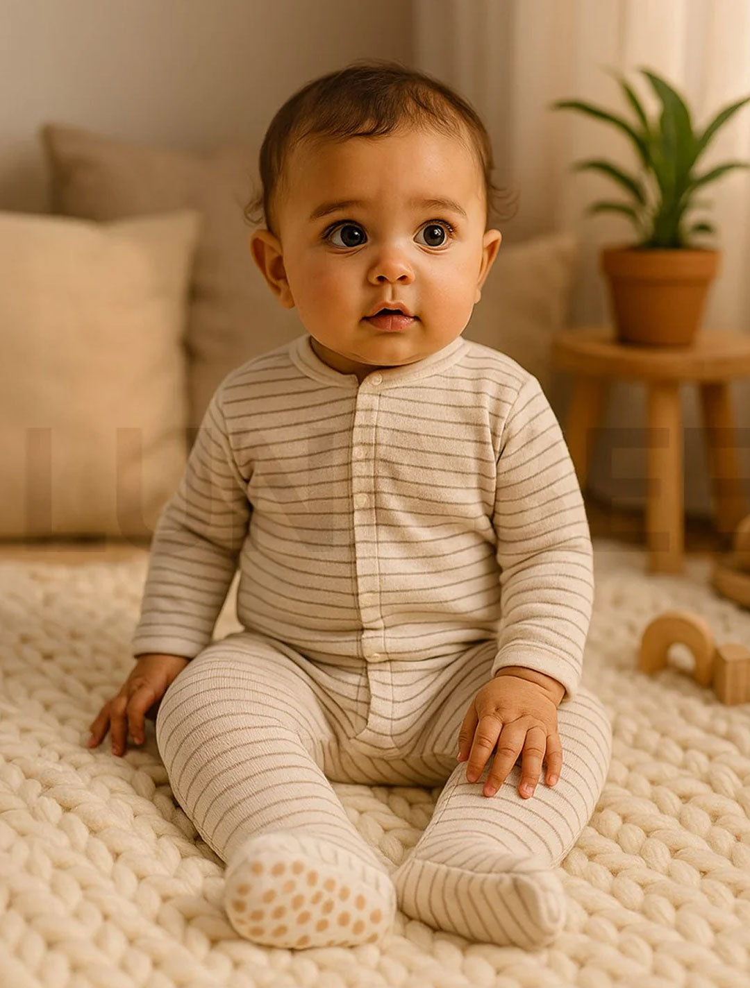 BEIGE STRIPED ZIPPER SLEEPSUIT