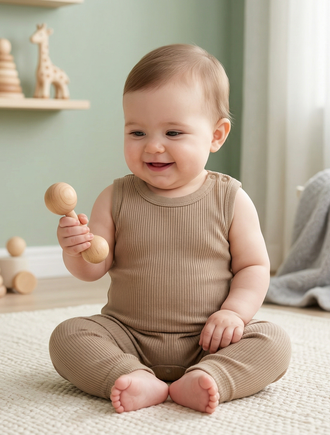 DARK BEIGE RIBBED SLEEVELESS ROMPER