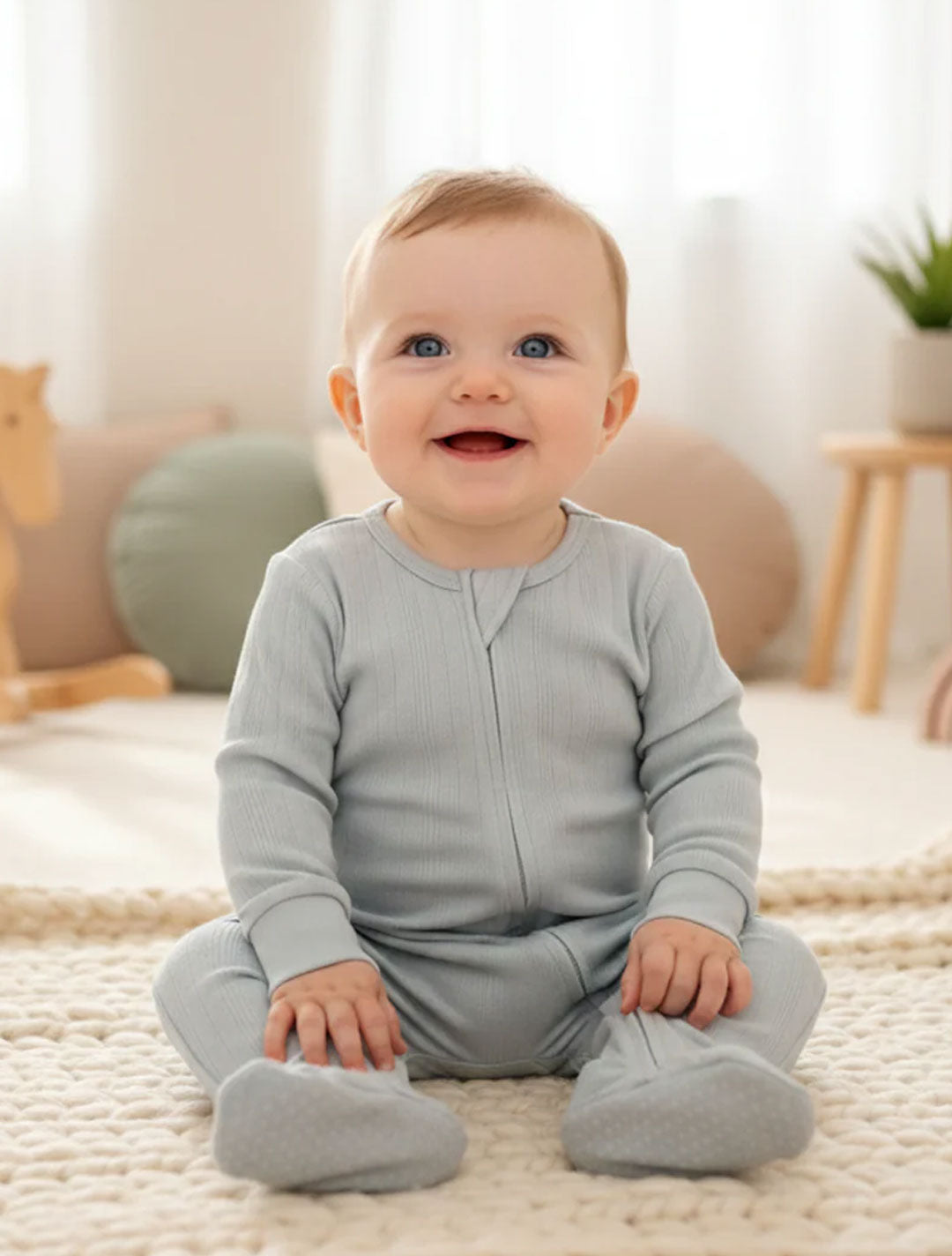 SKY BLUE RIBBED ZIPPER SLIM FIT SLEEPSUIT