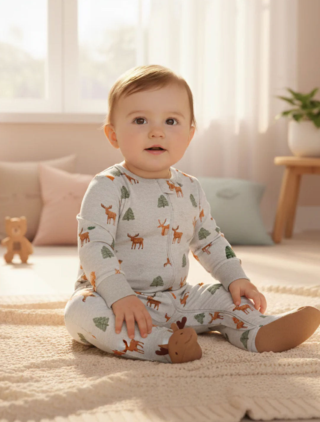 GREY DEER PRINTED SLEEPSUIT