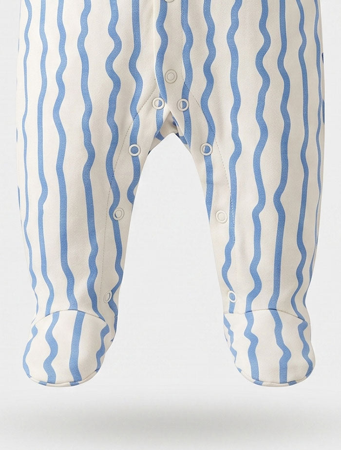 Blue and white patterned button sleepsuit