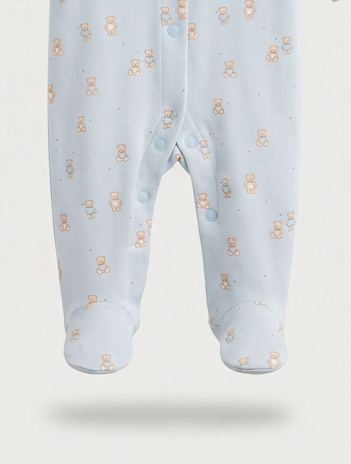 Blue bear printed button sleep suit