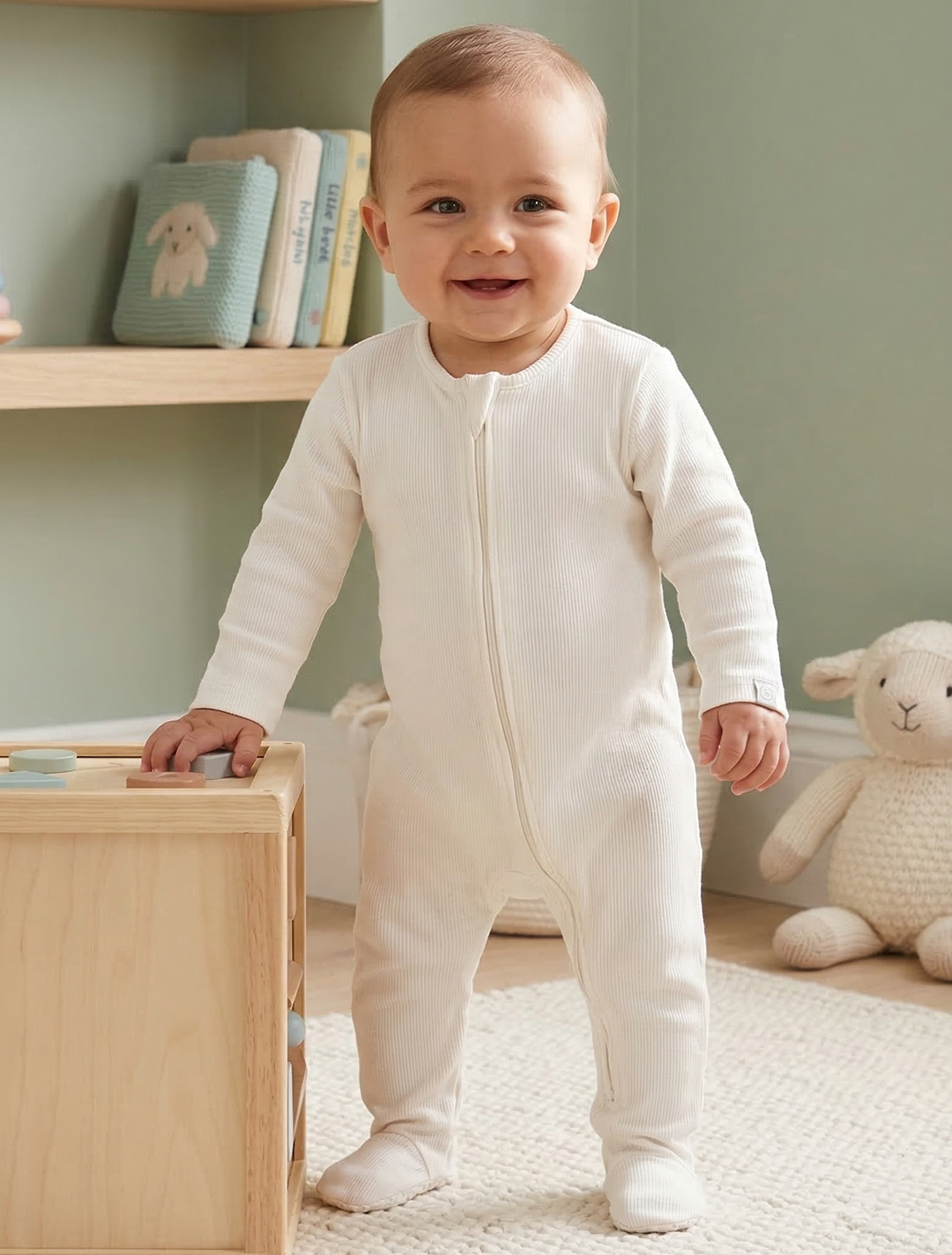 WHITE RIBBBED SLEEPSUIT