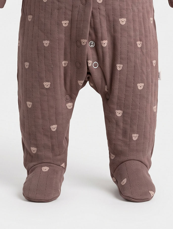 Brown bear printed quilted sleepsuit