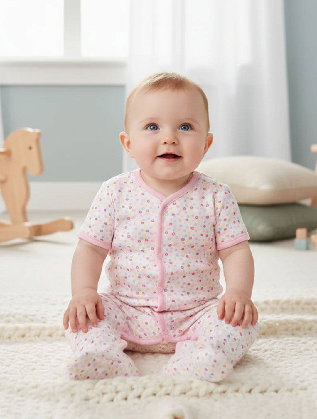 PINK FLORAL BUTTON SLEEPSUIT