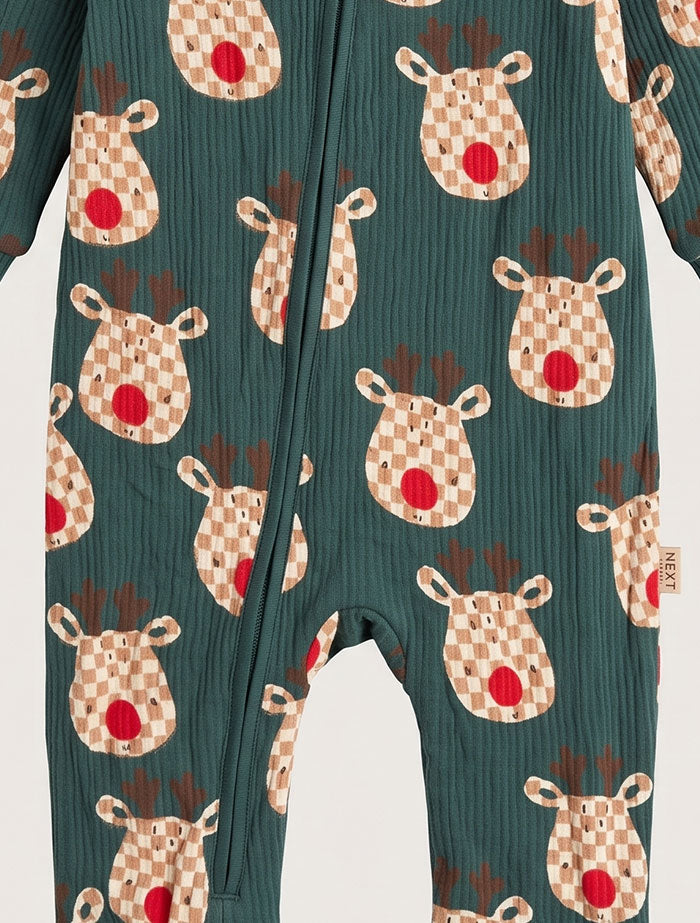 Green ribbed printed 2 way zipper romper