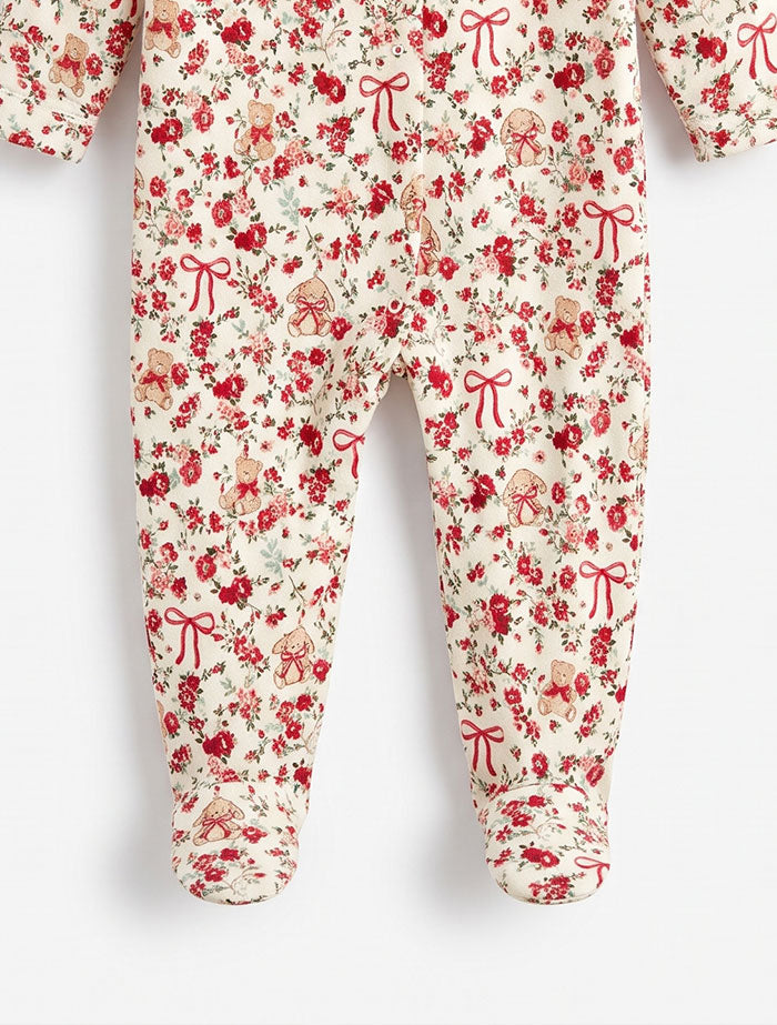 Red bow & bear printed sleep suit