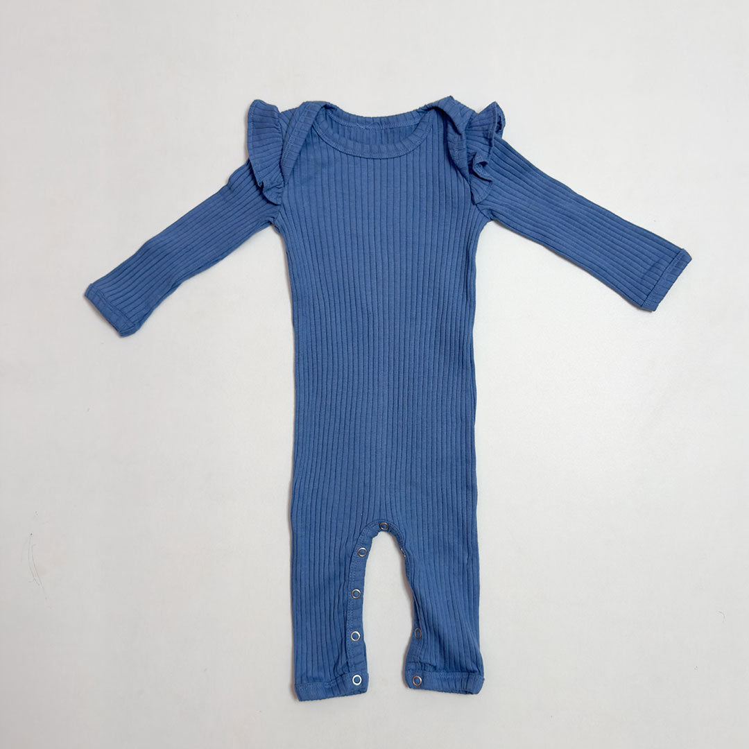 BLUE RIBBED RUFFLE ROMPER