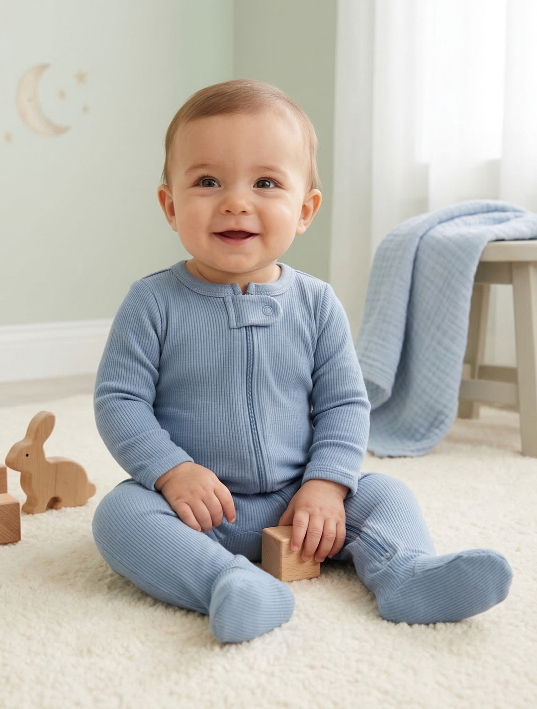 BLUE RIBBED ZIPPER SLEEPSUIT