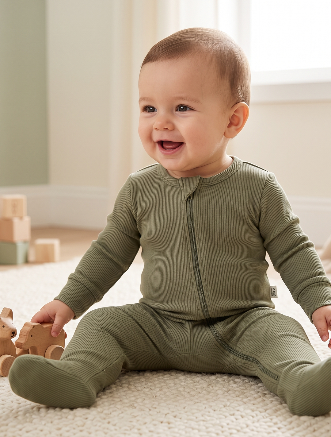 Olive green ribbed sleepsuit