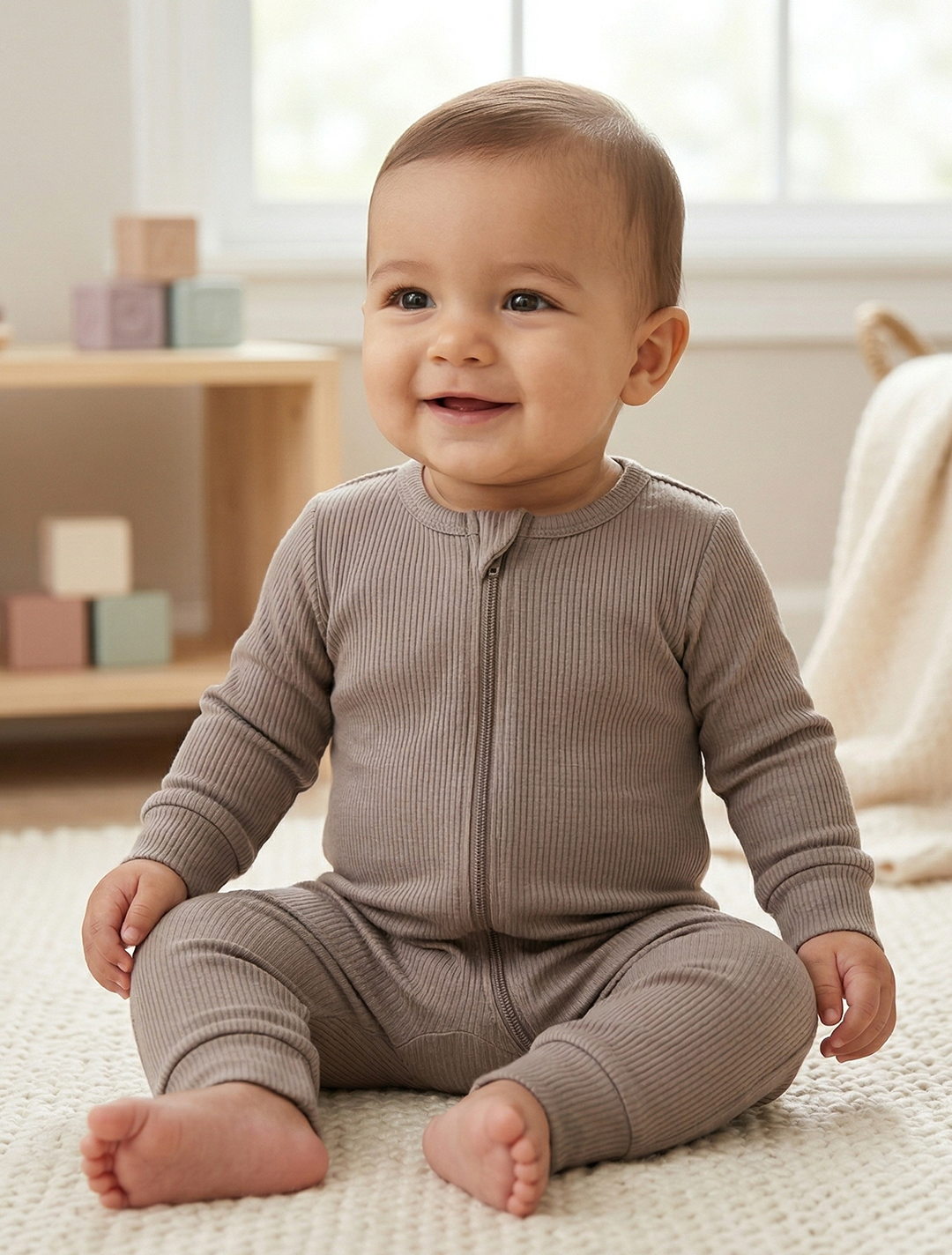 TAUPE RIBBED VISCOUS ZIPPER ROMPER
