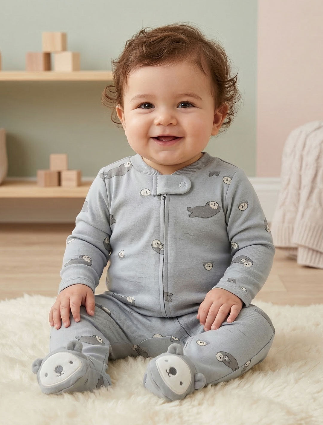 GREY PRINTED ZIPPER SLEEPSUIT