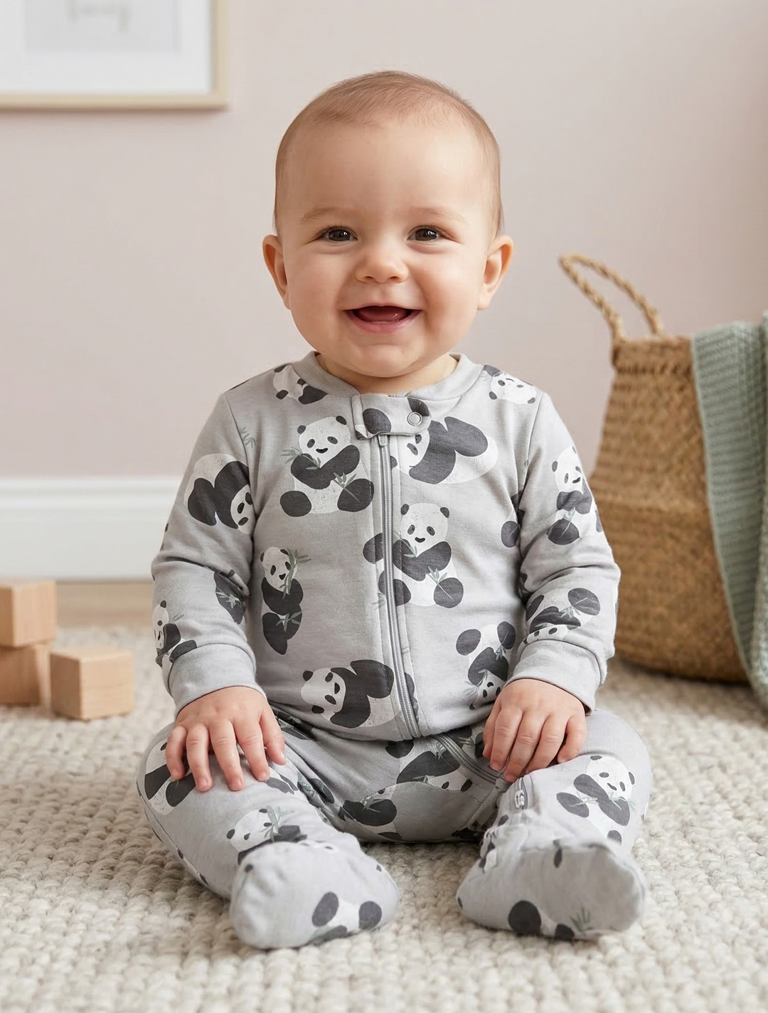 PANDA PRINTED ZIPPER SLEEPSUIT