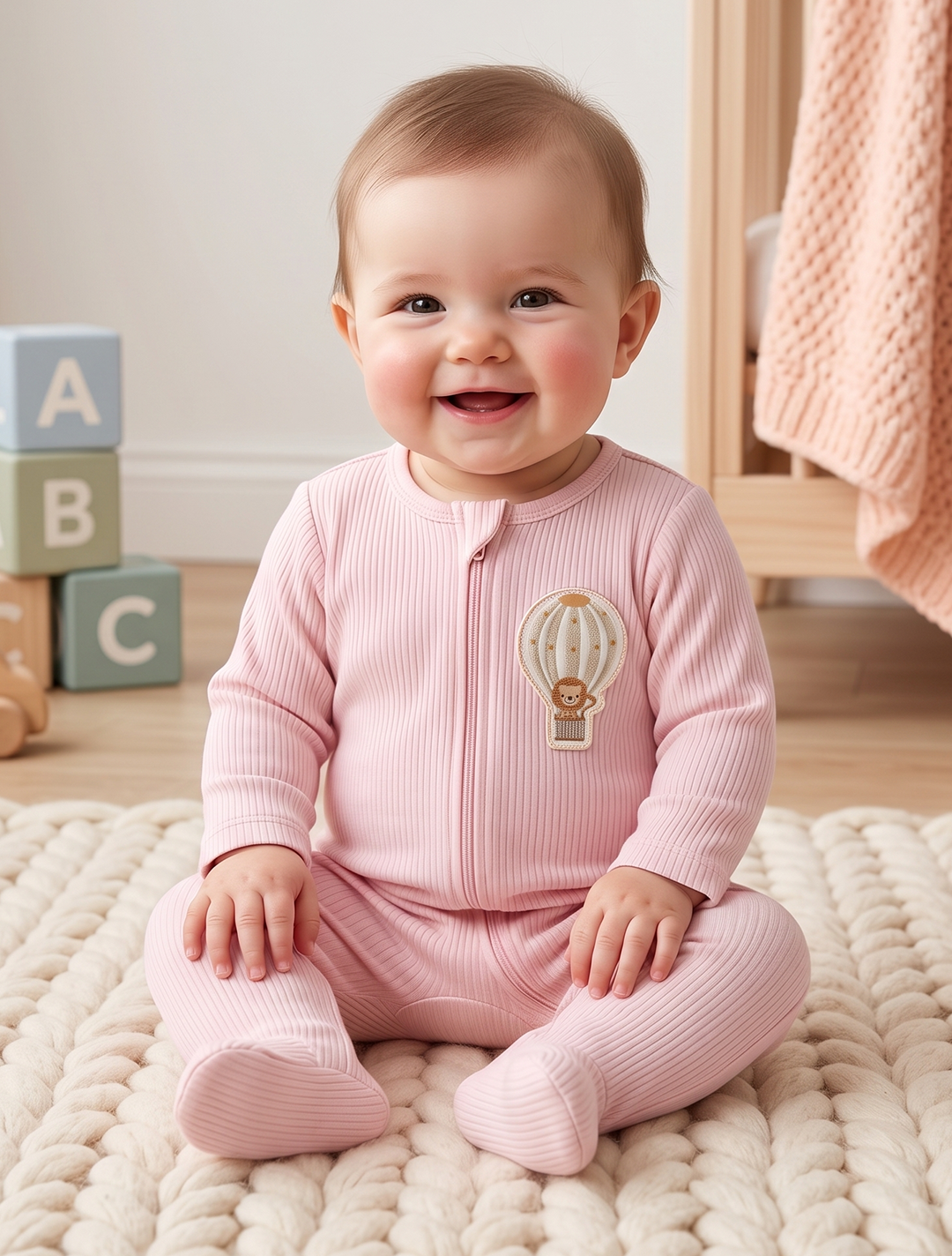 Pink ribbed zipper sleepsuit