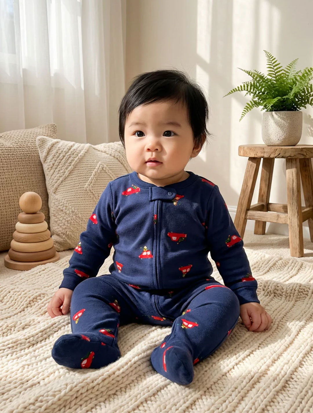NAVY BLUE CAR PRINTED ZIPPER SLEEPSUIT