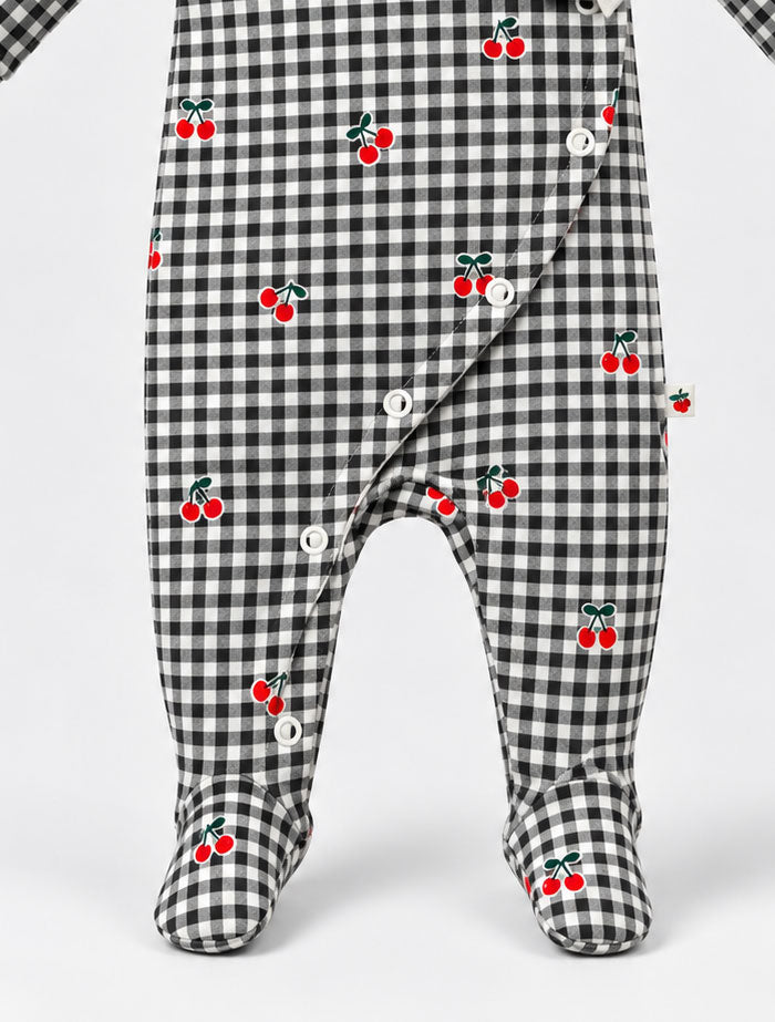 Black check berry button sleep suit