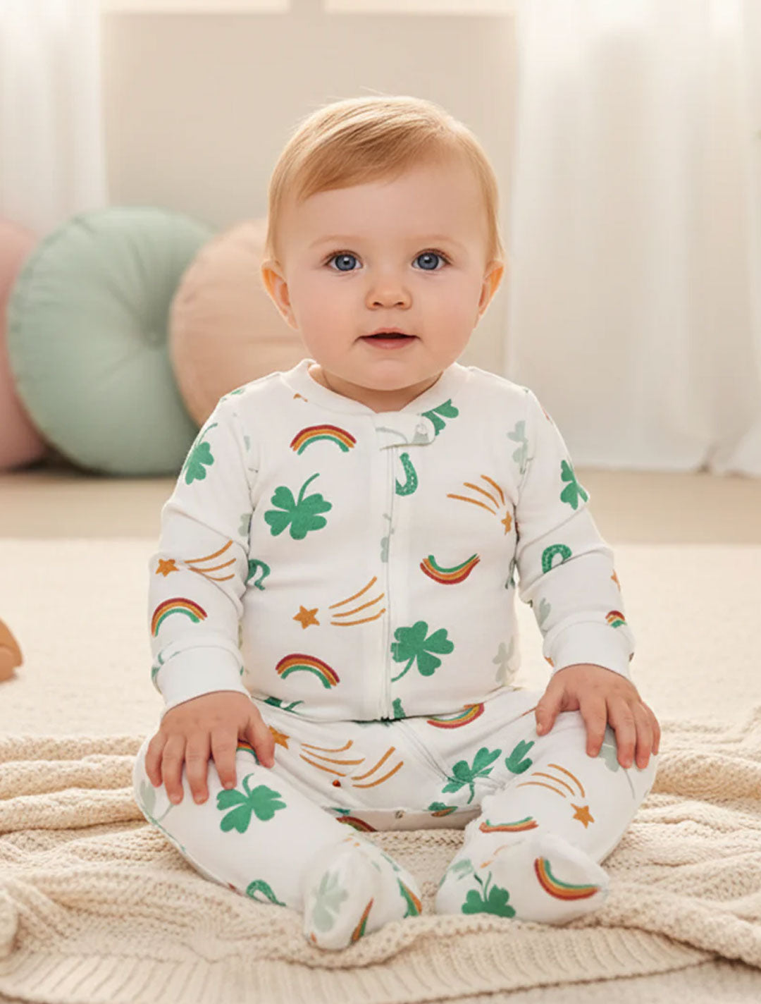 WHITE PRINTED ZIPPER SLEEPSUIT