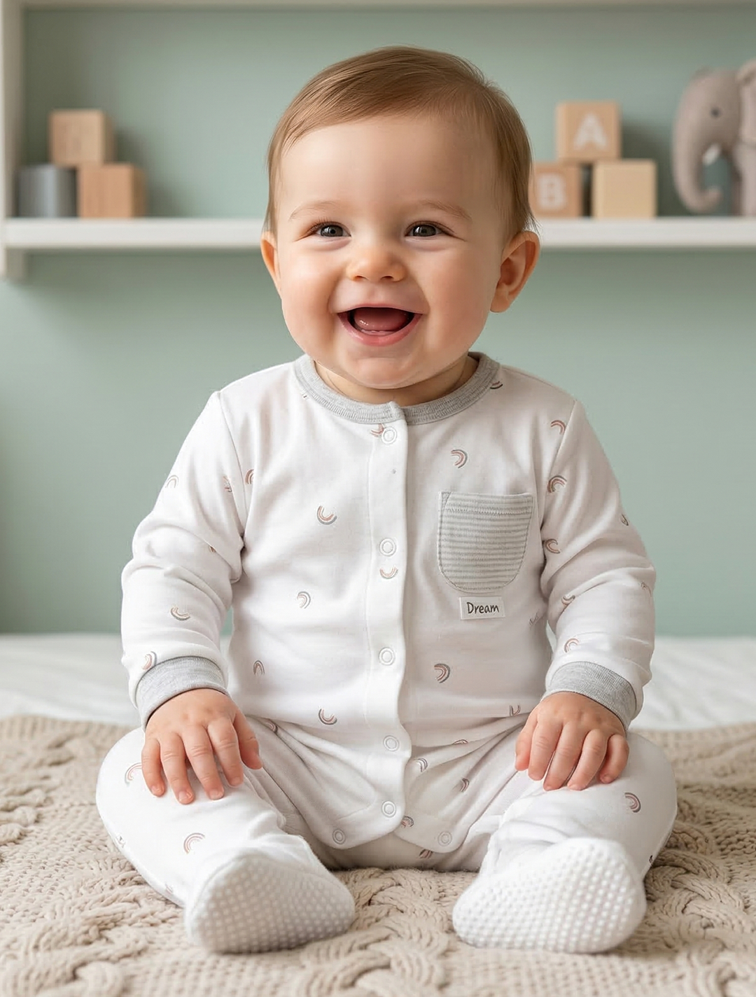 WHITE RAINBOW PRINTED BUTTON SLEEPSUIT