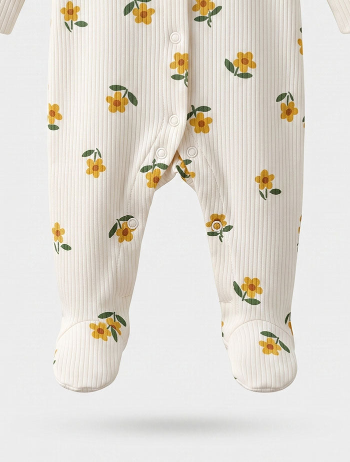 Yellow floral ribbed button sleepsuit