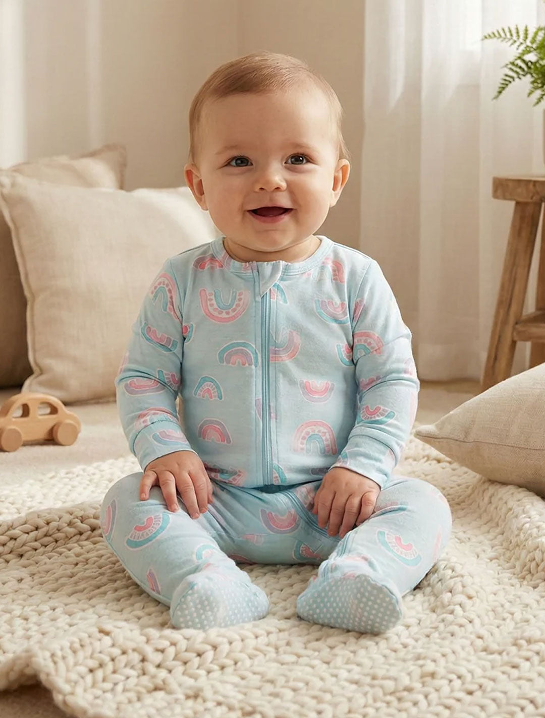 POWDER BLUE RAINBOW ZIPPER VISCOUS SLEEPSUIT