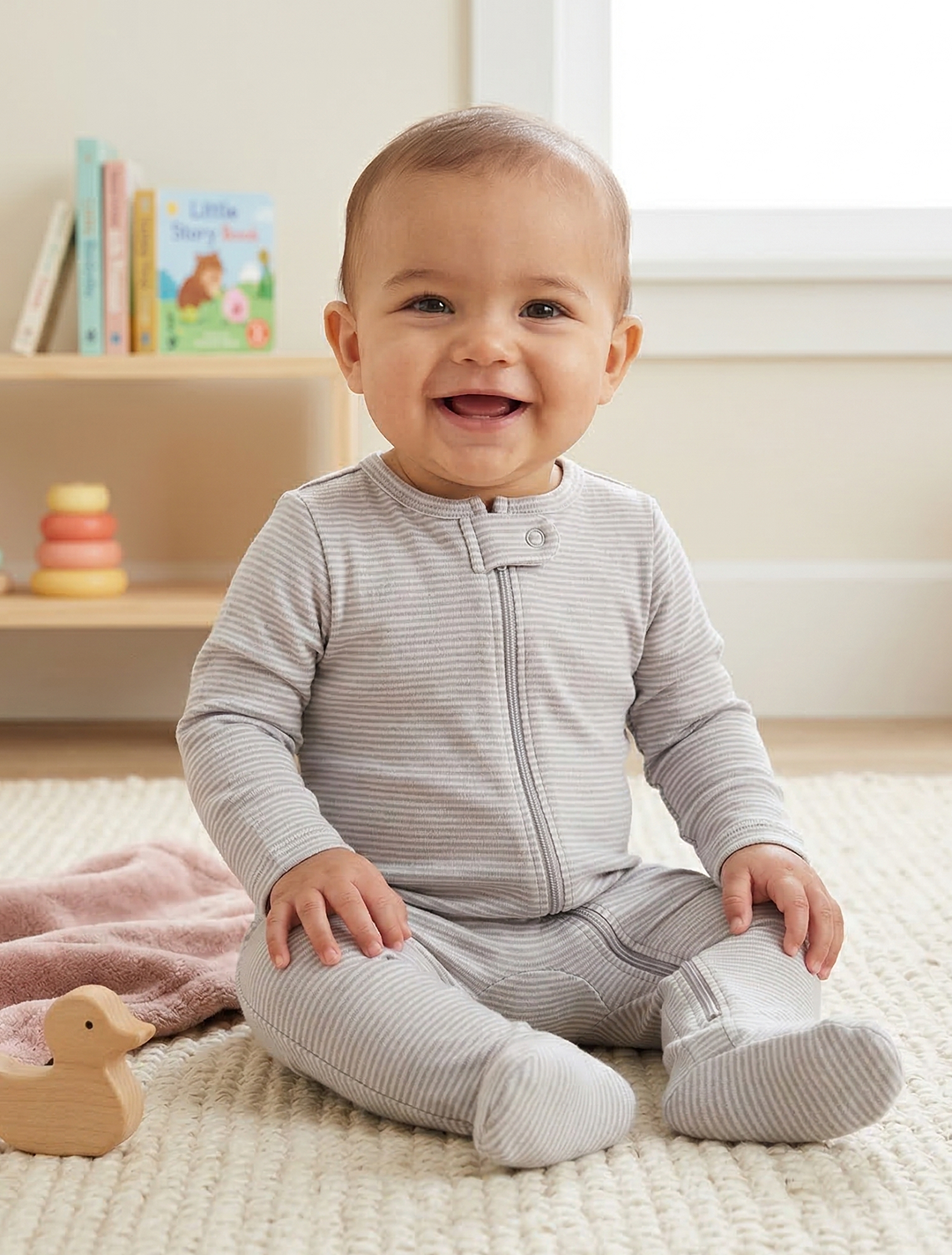 GREY STRIPED ZIPPER SLEEPSUIT
