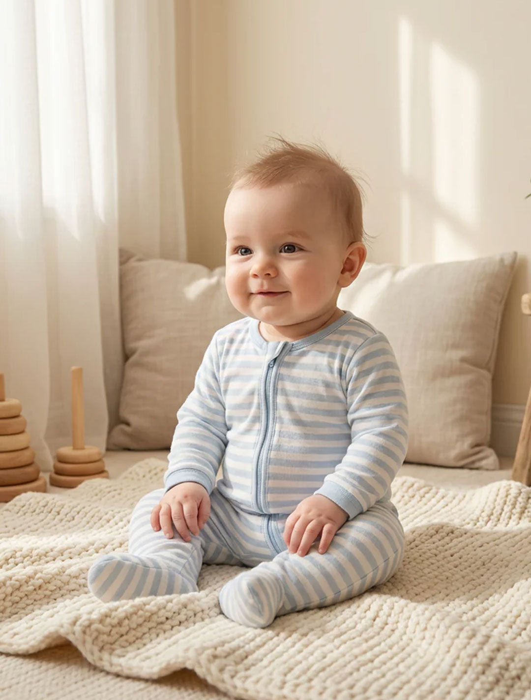BLUE AND WHITE STRIPED RIBBED SLEEPSUIT