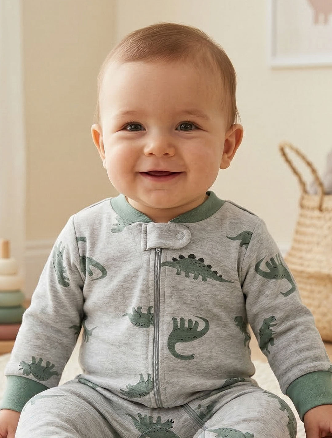 GREY GREEN DINO SLEEPSUIT