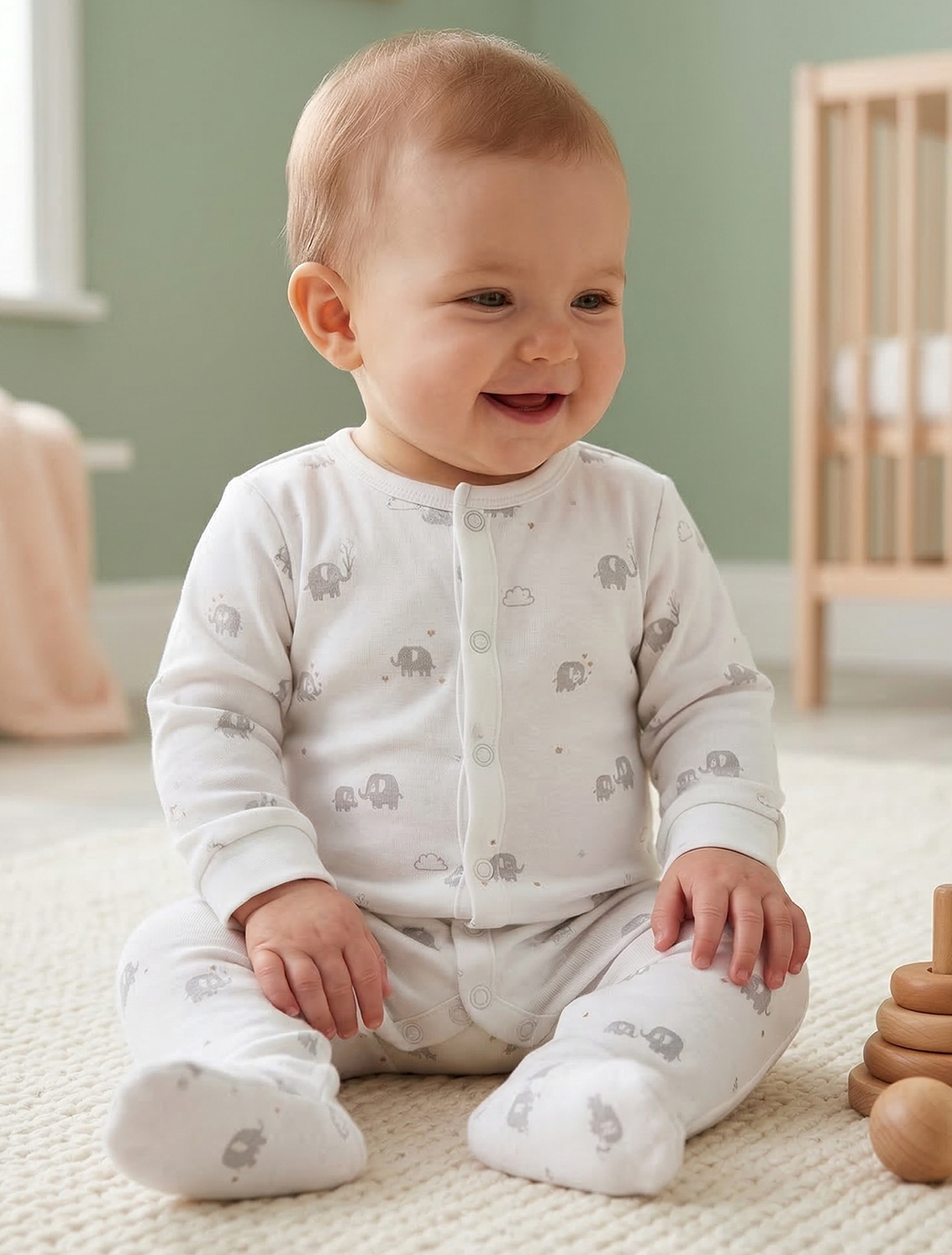 WHITE ELEPHANT PRINTED SLEEPSUIT