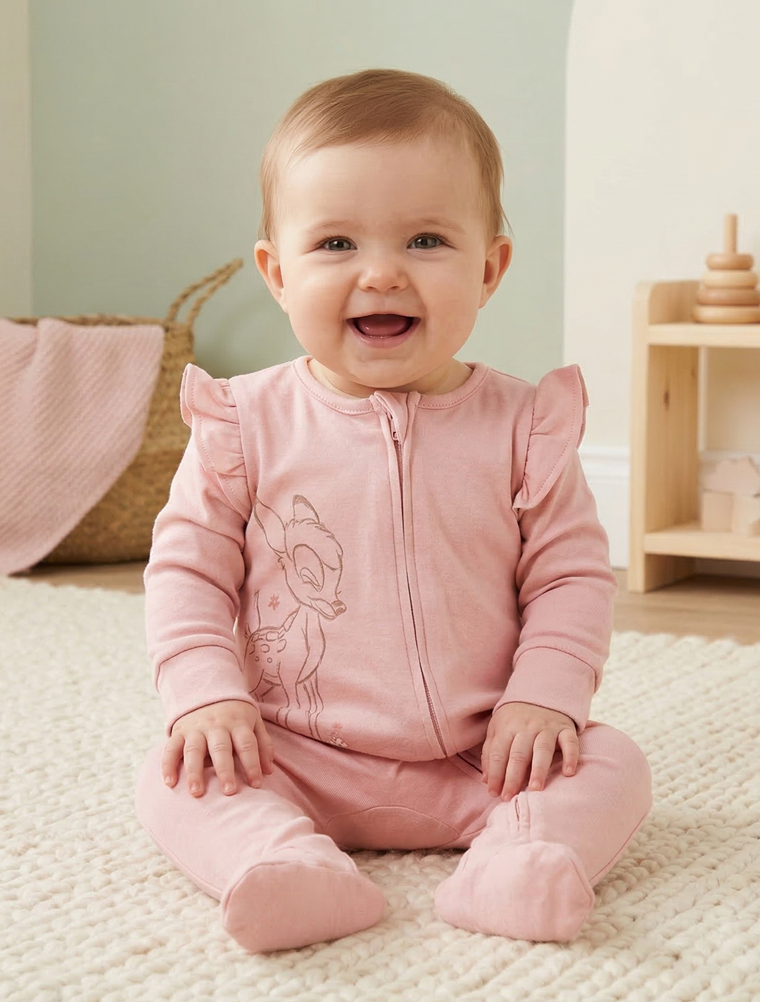 PINK RUFFLED BAMBI ZIPPER SLEEPSUIT