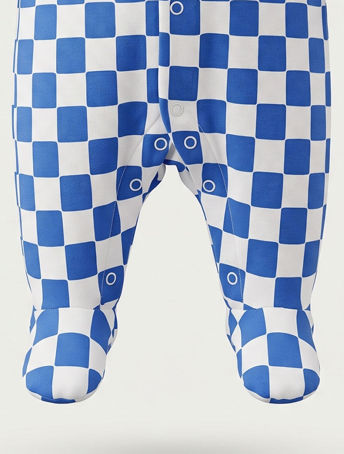 Royal blue white check button sleepsuit