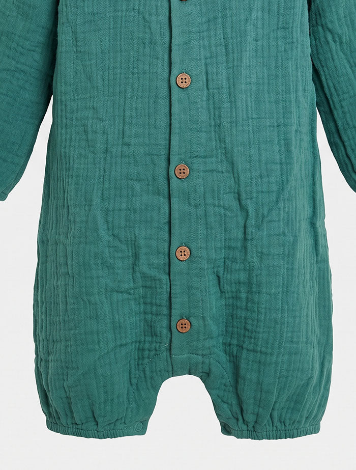 Bottle green muslin girls fancy jumpsuit