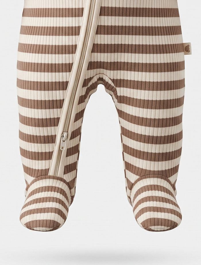 Beige brown ribbed 2 way zipper sleep suit
