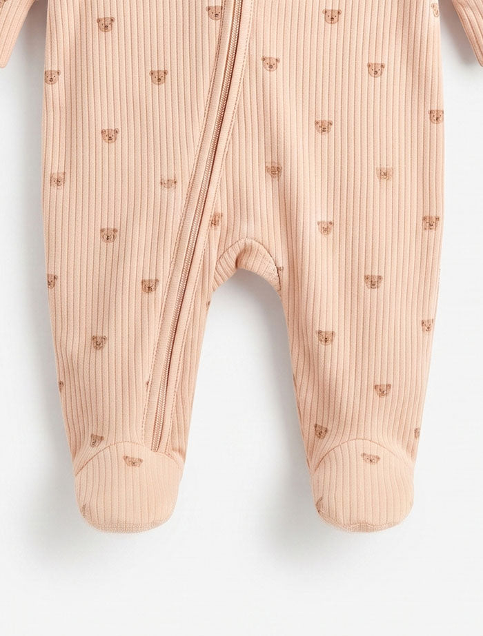 Dark beige bear ribbed sleepsuit