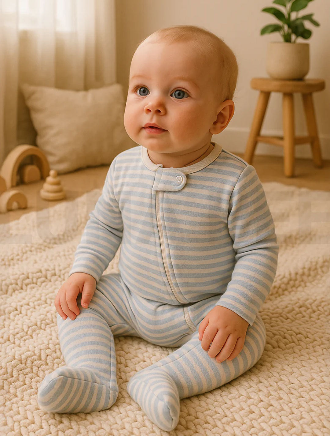 BLUE AND WHITE STRIPES RIBBED SLEEPSUIT