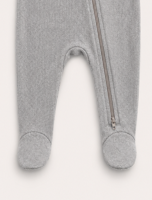 Grey ribbed plain zipper sleepsuit