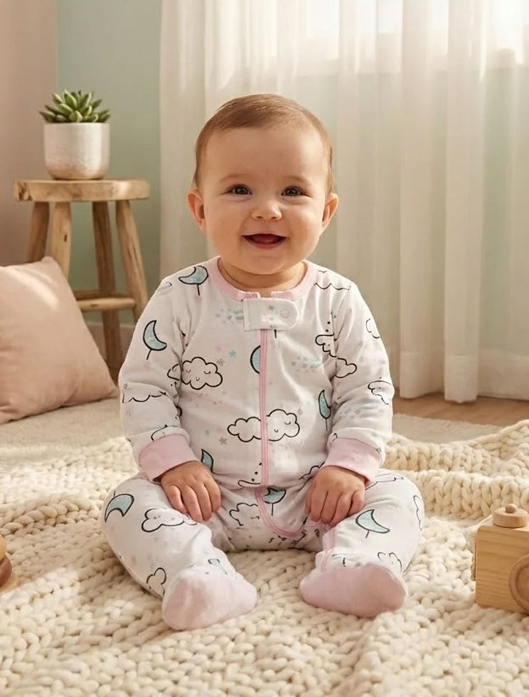 WHITE PRINTED ZIPPER SLEEPSUIT