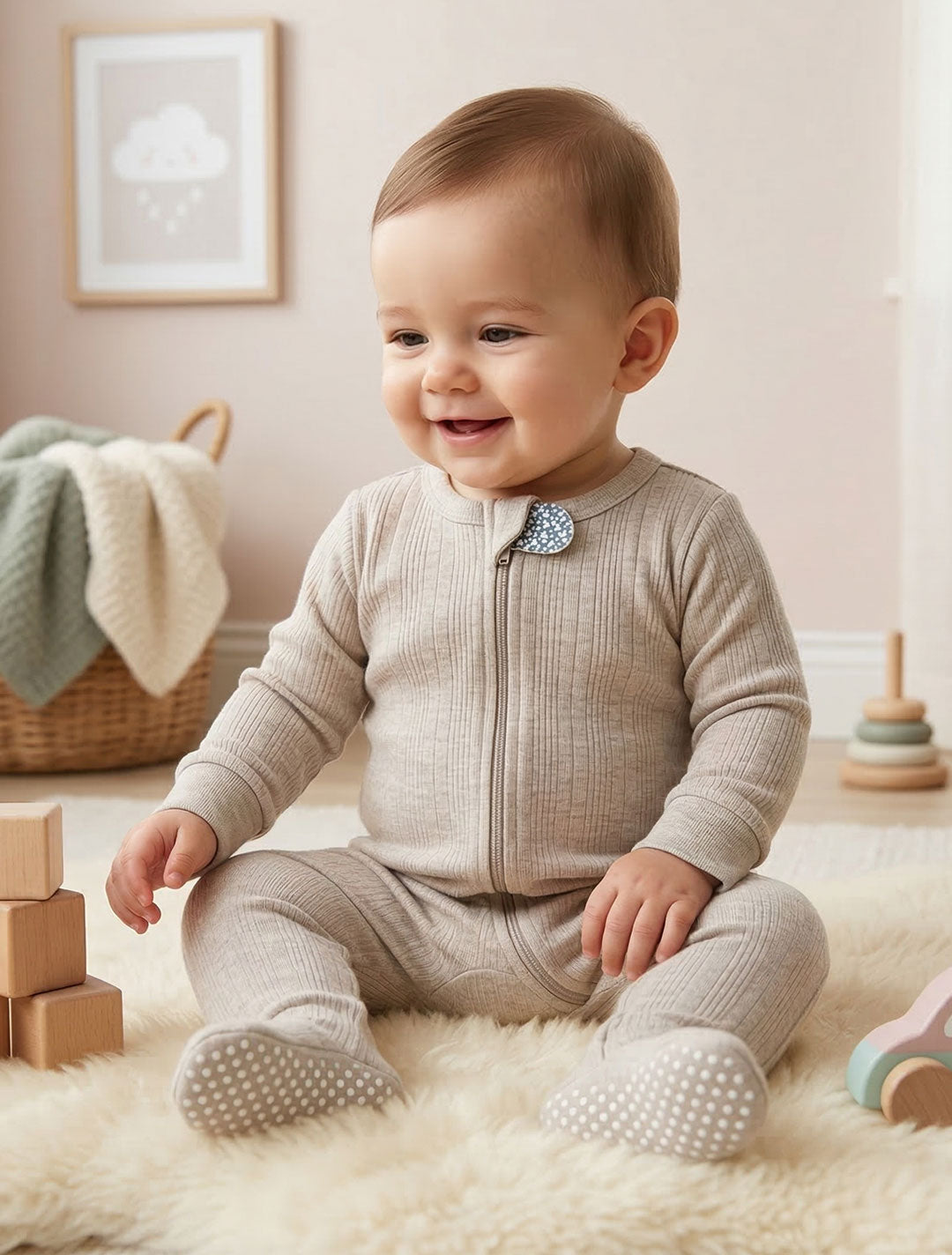BEIGE RIBBED ZIPPER SLIM FIT SLEEPSUIT