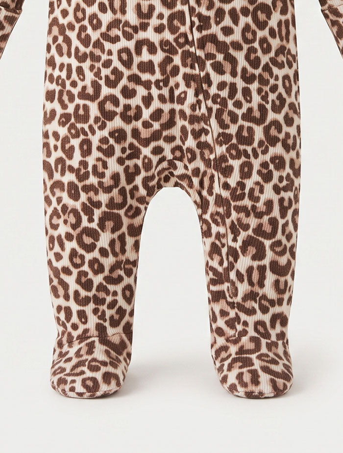 Leopard printed ribbed 2 way zipper sleepsuit
