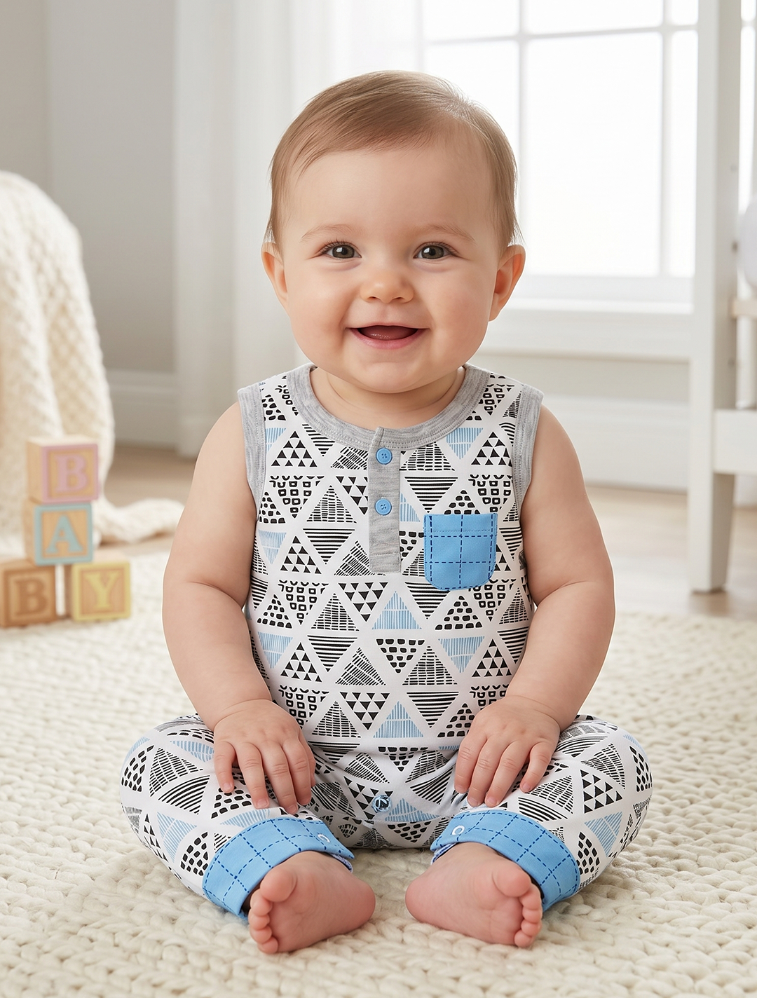 BLACK AND BLUE PATTERNED ROMPER