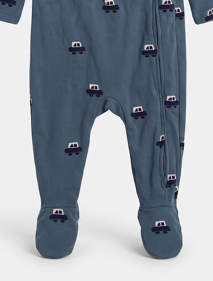 Blue knitted car 2 way zipper sleepsuit