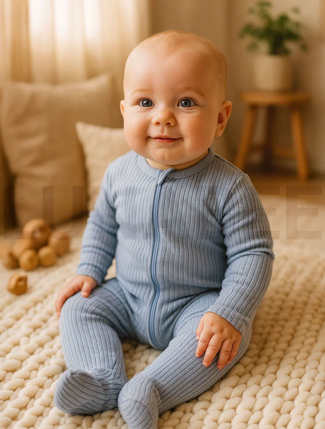 BLUE PLAIN RIBBED SLEEPSUIT