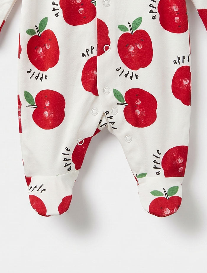 Red apple printed button sleep suit