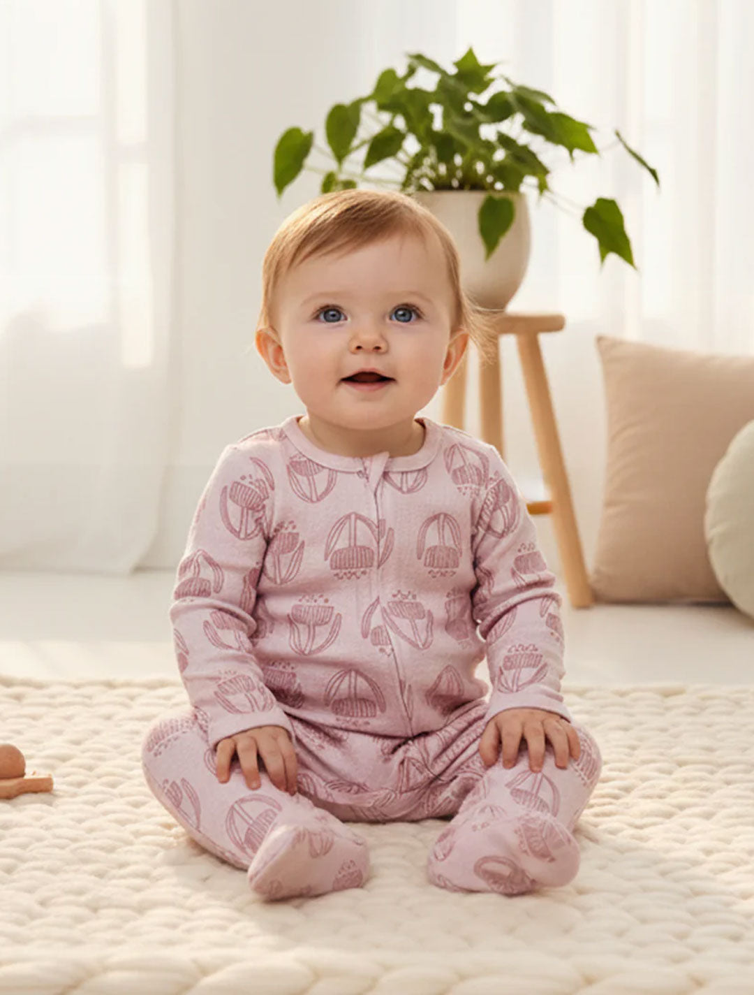 PINK PRINTED VISCOUS ZIPPER SLEEPSUIT