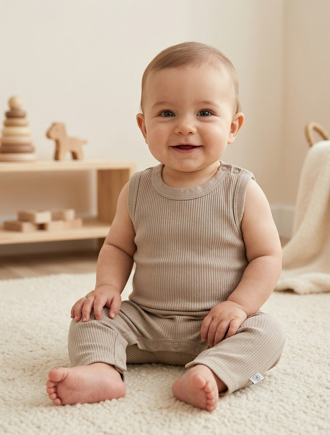 BEIGE RIBBED SLEEVELESS ROMPER