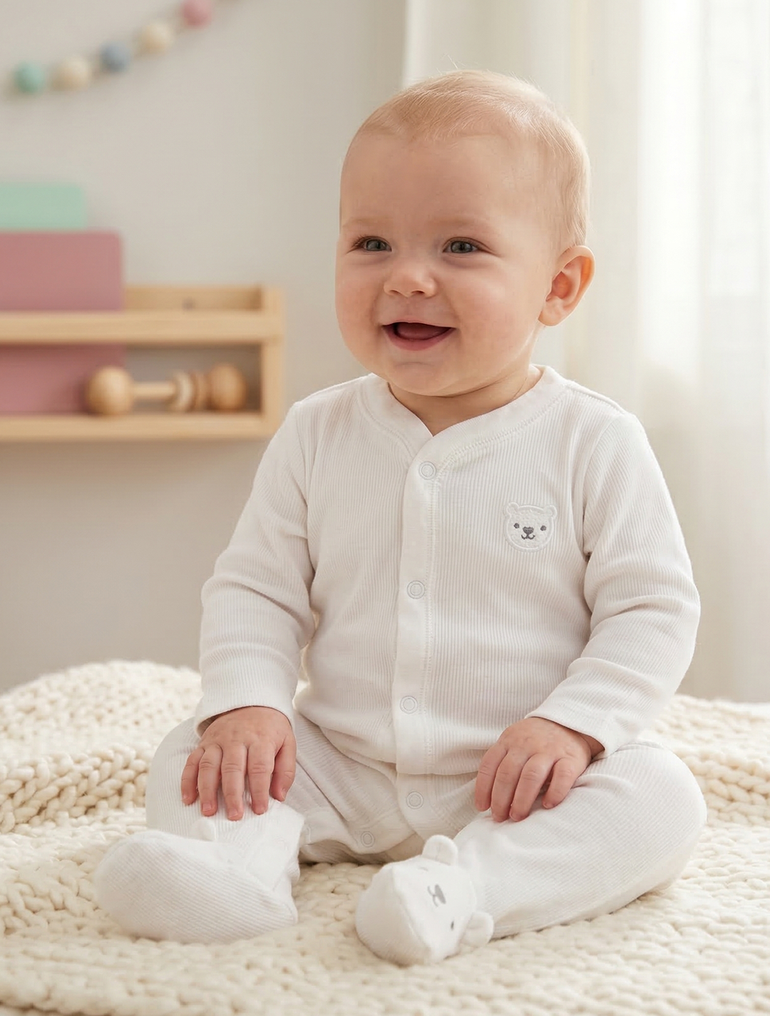 WHITE RIBBED BEAR SLEEPSUIT