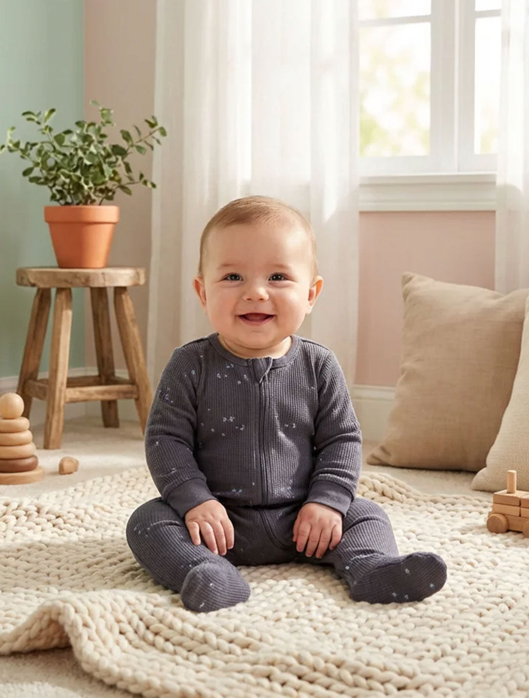 GREY KNITTED STAR ZIPPER SLEEPSUIT