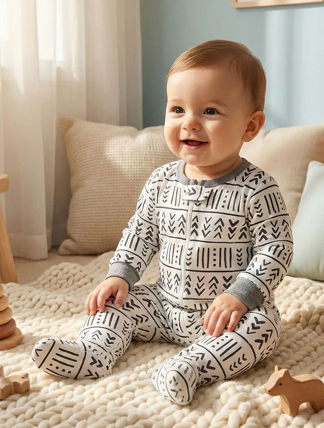BLACK AND WHITE PATTERNED SLIM FIT SLEEPSUIT